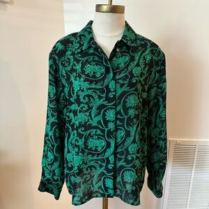 Leslie Faye Size 12 Black and Green Button-Down Blouse